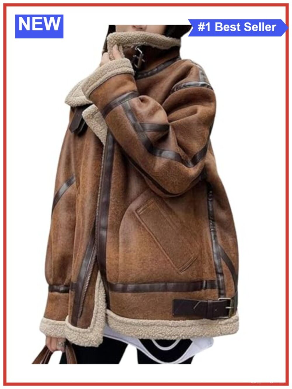 Oversized Faux Suede Moto Jacket Sherpa Fleece Lined Aviator Coat